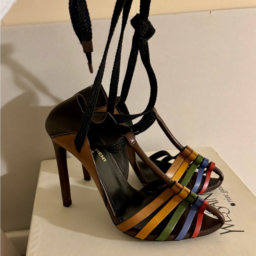 Yves Saint Laurent Multicolor Strappy Leather High Heels - Picture 4 of 6